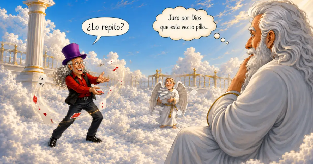 Juan Tamariz realiza un truco de cartas en el cielo mientras un ángel observa sorprendido con una pila de papeles y Dios intenta descubrir el truco pensando: «Juro por Dios que esta vez lo pillo...». Tamariz pregunta: «¿Lo repito?»
