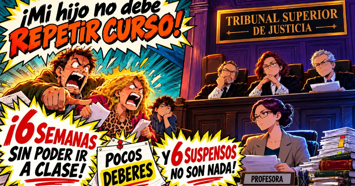 Viñeta manga de unos padres protestando ante tres magistrados y una profesora.